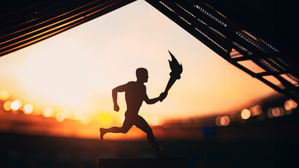 Silhouette of a runner carrying a torch at sunset. Concept photo for the 2024 Paris Summer Games....