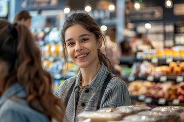 Happy Young Woman Shopping in Grocery Store with Fresh Produce in the Background