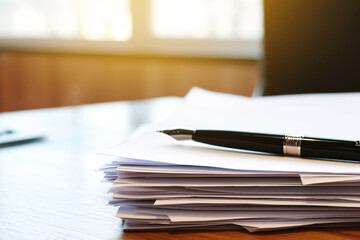 Fototapeta premium Stack of papers on a desk with a black pen on top illuminated by sunlight