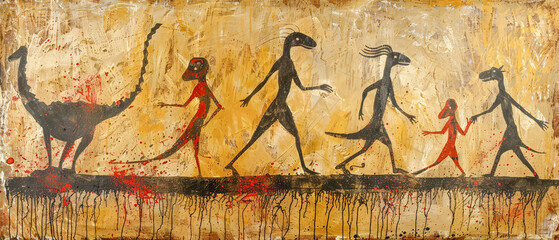 Fototapeta premium Ancient Cave Art Depicting Alien-like Figures Intricate Rock Paintings Showcasing Mysterious Anthropomorphic Creatures in a Historic Archaeological Setting Wallpaper Digital Art Poster Brainstorming