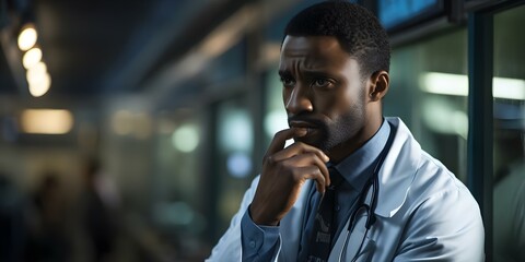 A stressed black male doctor in a hospital facing burnout and crisis. Concept Mental Health, Healthcare Professionals, Occupational Stress, Burnout, Crisis Intervention
