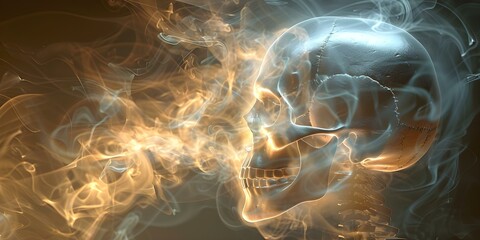 Digital art of a human skull emitting smoke symbolizing schizophrenia mental health. Concept Mental Health Awareness, Digital Artwork, Human Skull, Smoke Effects, Schizophrenia