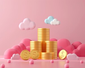Abstract 3D rendering of golden coins stacked against a pastel pink backdrop with fluffy clouds, representing wealth and savings.