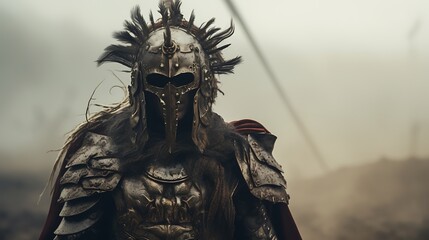 Fototapeta premium Fantasy-themed portrait of a warrior in elaborate armor standing in an ancient, misty battlefield
