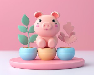 Cute pink pig figurine with colorful plant pots on a round base against a pastel pink background, perfect for child decor.