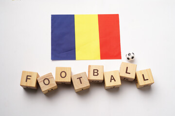 Romania flag with football title and white background. football concept