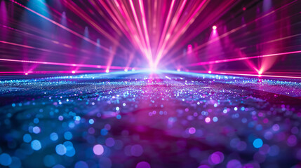 Obraz premium Purple and blue neon lights creating an abstract geometric design on a digital floor