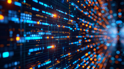 Abstract visual representation of digital data processing and network communication. Futuristic technology background with glowing blue and orange lights.