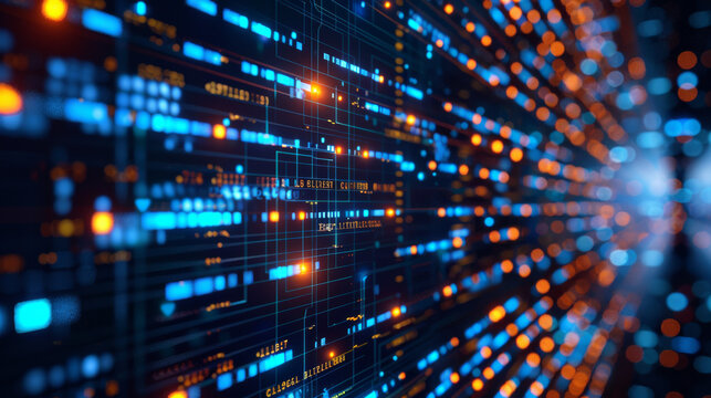 Abstract visual representation of digital data processing and network communication. Futuristic technology background with glowing blue and orange lights. - Powered by Adobe