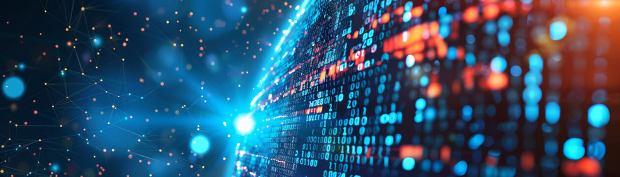 Futuristic digital data visualization with glowing lights and binary code on a globe, representing global connectivity and technology.