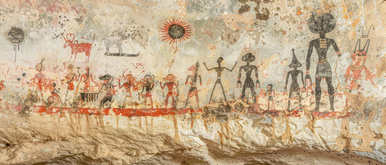 Obraz premium Ancient Cave Art Depicting Alien-like Figures Intricate Rock Paintings Showcasing Mysterious Anthropomorphic Creatures in a Historic Archaeological Setting Wallpaper Digital Art Poster Brainstorming