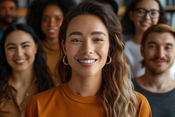 Fototapeta premium Diverse group of young adults smiling. Great for inclusion and community themes, ideal for social and cultural diversity campaigns.