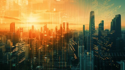 Obraz premium Double exposure of business city and technology concept