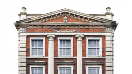 Fototapeta premium Symmetrical facade of a historic building with classic architectural elements and tall windows. Clear sky background.