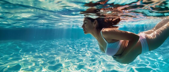 A graceful pregnant woman swimming in serene waters
