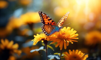 Butterfly with outstretched wings resting on a flower, basking in the sun focus on delicate beauty, whimsical, blend mode, blooming meadow backdrop