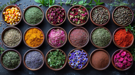 An array of vibrant spices and herbs displayed in wooden bowls, showcasing a colorful and aromatic selection.