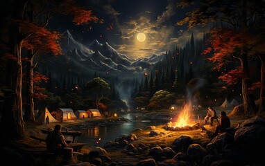 Obraz premium Campers roasting marshmallows over a campfire in the woods focus on outdoor fun, whimsical, blend mode, forest clearing backdrop