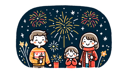 Naklejka premium A family celebrating New Year's Eve with fireworks