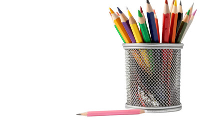 Metal pencil holder with school supplies