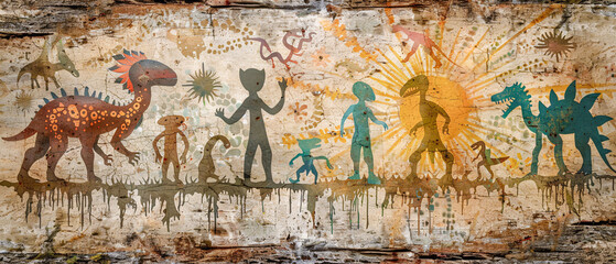 Ancient Cave Art Depicting Alien-like Figures Intricate Rock Paintings Showcasing Mysterious Anthropomorphic Creatures in a Historic Archaeological Setting Wallpaper Digital Art Poster Brainstorming