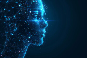 A digital representation of a human profile with interconnected glowing nodes and lines on a dark blue background, symbolizing technology and connectivity.