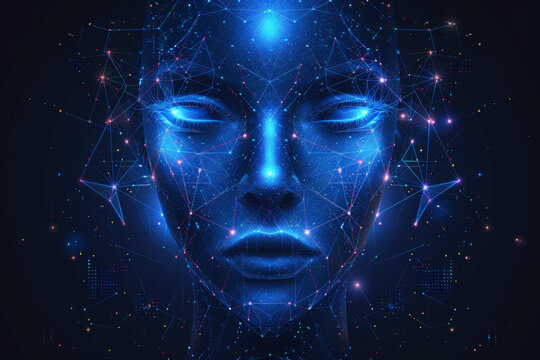 A futuristic digital human face rendered in blue tones amidst a cybernetic network, symbolizing AI, technology, and innovation.