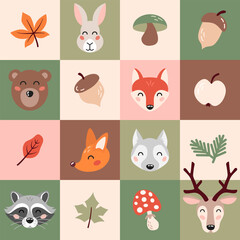 Seamless pattern with cute forest animals faces and autumn elements in cartoon flat style. Kids design for print, textile, wrapping paper, wallpaper, nursery. Vector illustration