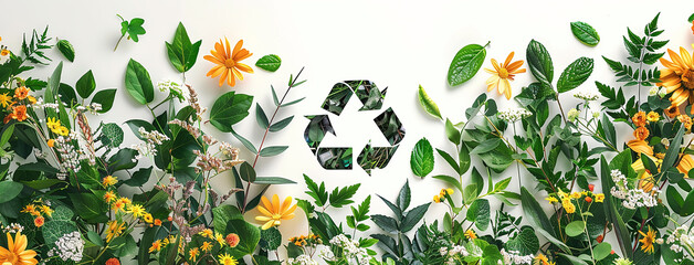 Wide banner illustration of recycle and reuse, natural green color plants and leaves with recycle logo on white background with copy space 