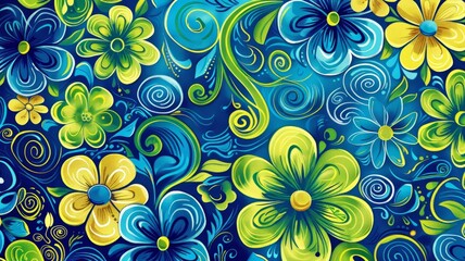 Flower and Swirl Painting on Blue Background