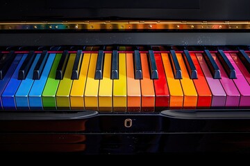 a image of a piano with a rainbow colored keyboard and a keyboard case