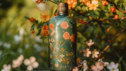 Enchanted glass bottle with flowers in a forest setting