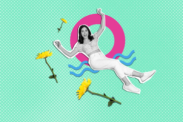 Composite photo collage of happy girl fly chrysanthemum bloom flowers stem spring season holiday woman day isolated on painted background