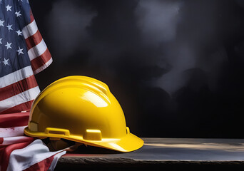 American holiday. Happy Labor Day. Background with American flag and construction helmet for banner, advertising