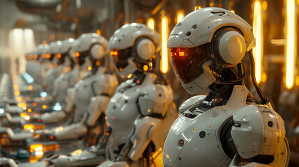 Fototapeta premium Robotic assembly line, illustrating futuristic concepts of technology, automation, and artificial intelligence.