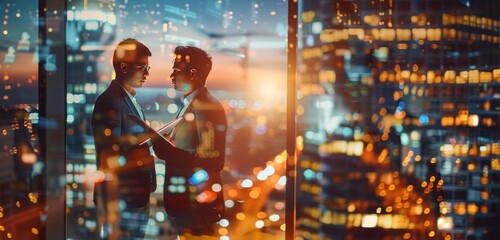 Fototapeta premium Business people standing in an office and holding documents with a cityscape at night background