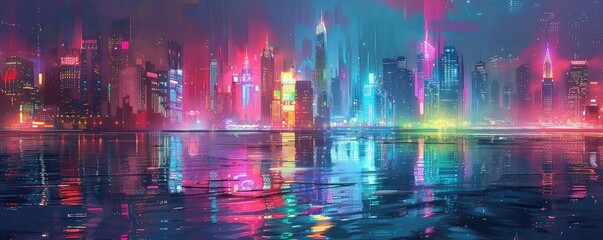 Neon city skyline reflecting on a river, bright hues, photorealistic, digital painting, vibrant and serene,
