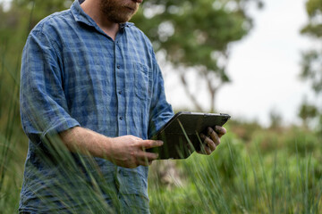 Holding soil in a hand, feeling compost in a field in Tasmania Australia.