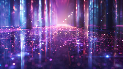 Reflective floor with purple laser beams creating a vibrant energy field