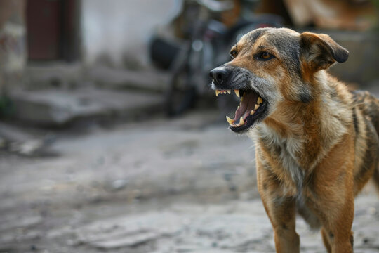 angry aggressive dog on the city street dangerous and may be infected. Rabies concept