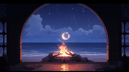 Beach fireplace with moon at night