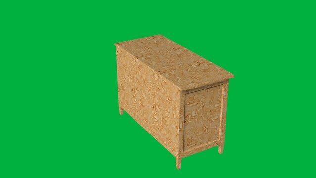 A wooden dresser with a green background. The dresser is empty and has a simple design