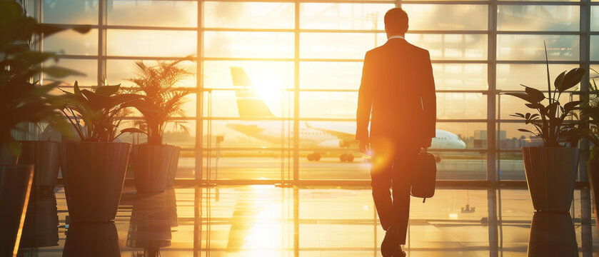 Businessman walking through airport terminal with sunrise, carrying briefcase, and planes in the background, symbolizing travel and exploration. - Powered by Adobe
