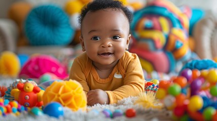 Obraz premium Adorable Baby Surrounded by Colorful Rattles and Toys on Soft Blanket in a Playful Setting