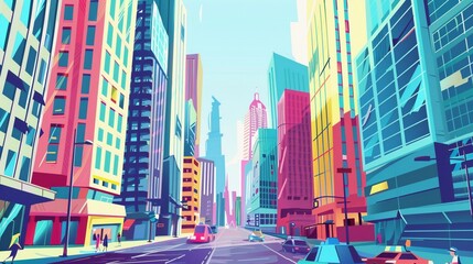 一点透視図法で、高いビルの並んだ都市の景観のポップなイラスト