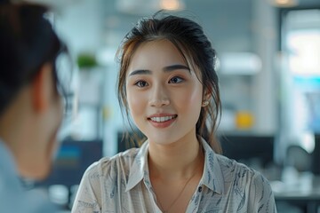 Smiling Young Woman Engaging in a Conversation at a Modern Office