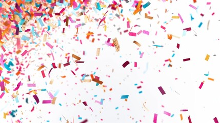 Fototapeta premium Three-dimensional rendering of a multicolor confetti abstract background, with a lot of falling pieces and a white background. Festive decorative tinsel element for a design.