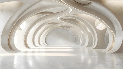 Obraz premium Spacious Modern Architecture: A Grand Empty Room's Intricate Design and Volumetric Lighting in Neutral Tones