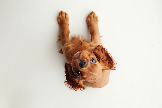 English cocker spaniel young dog posing. Cute playful white-braun dog is playing and looking happy isolated on white background. Concept of motion, action, movement.