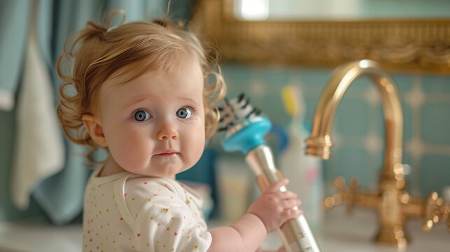 Dangerous Curiosity - Young Child Reaching for Hot Curling Iron on Bathroom Counter